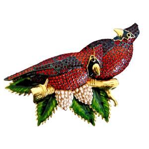 Joan Rivers BROOCH PIN Pair RED CARDINAL BIRDS Perched LG 4" Crystal Rhinestones